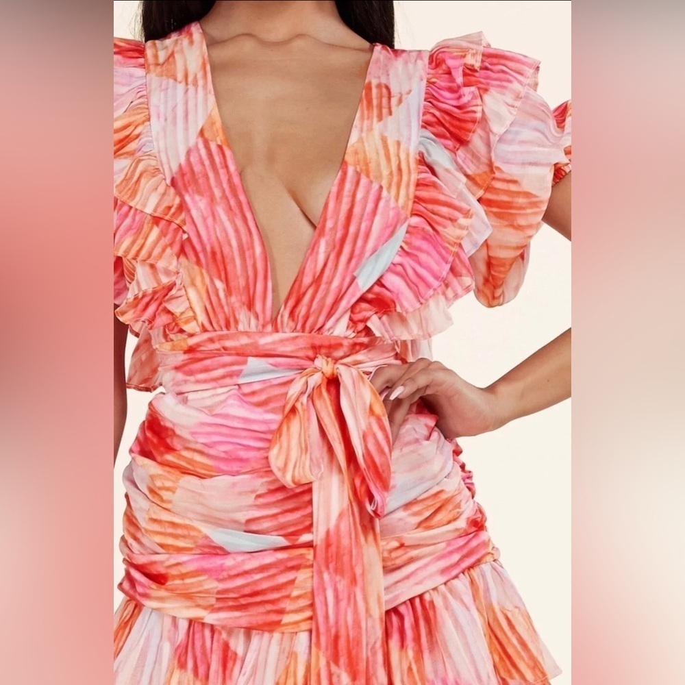 L’atiste Multicolor Ruffle Mini Dress Deep V Flutter Sleeve Ruched Colorful - Picture 2 of 15